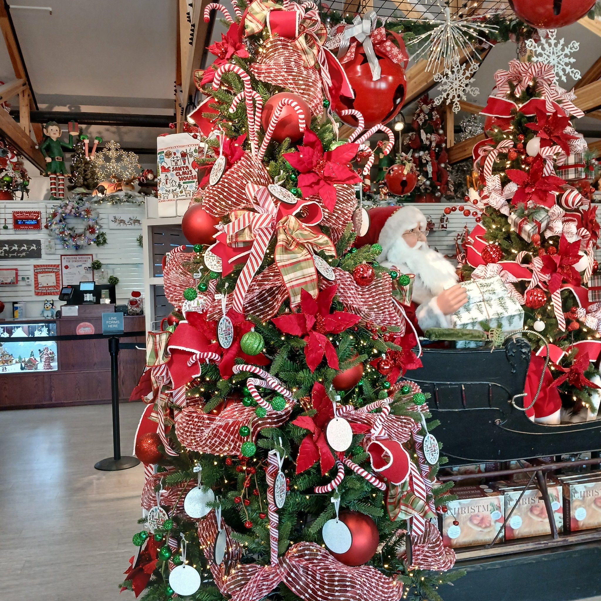 Festive Christmas tree with candy cane ribbons and poinsettias at North Pole, Alaska