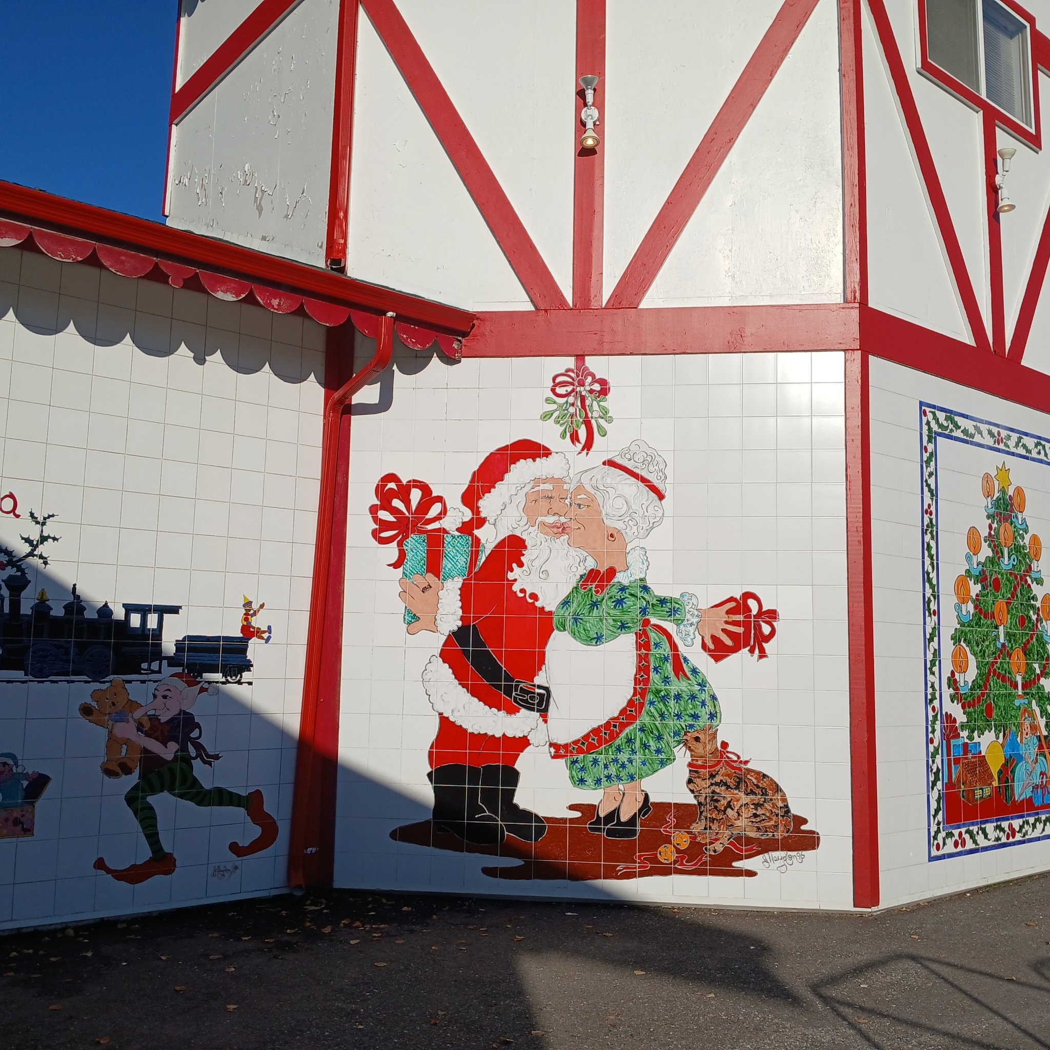 Santa and Mrs. Claus mural on Santa's House building in North Pole, Alaska