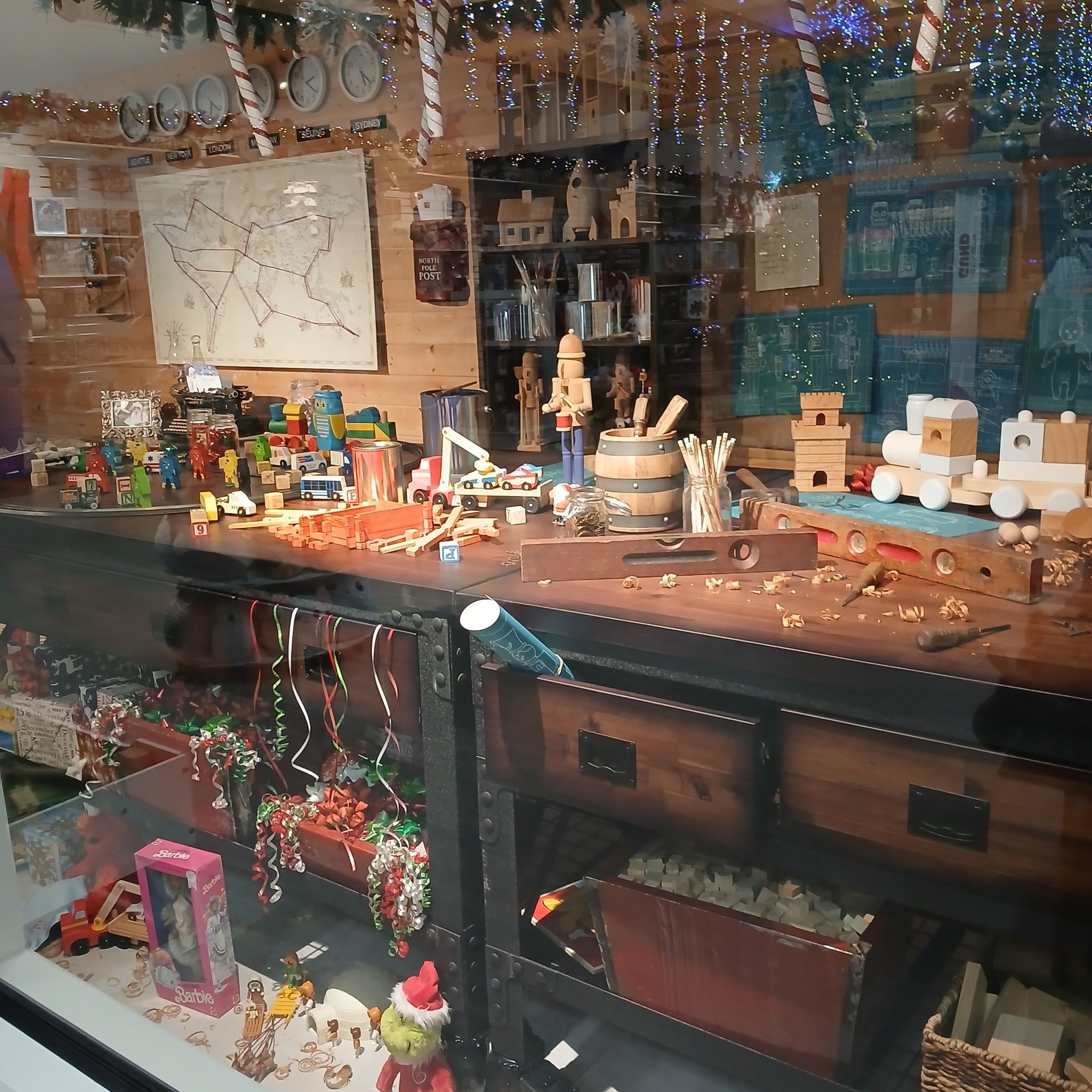 Elf's toy workbench with handcrafted wooden toys at North Pole, Alaska