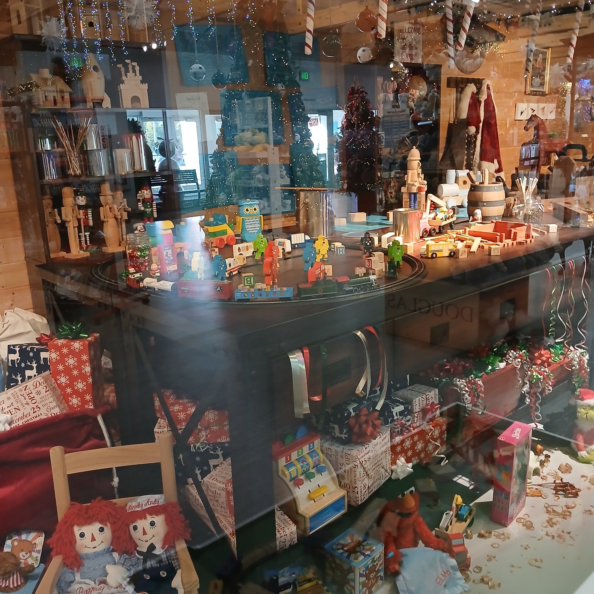Santa's workshop with wooden toys and train set at North Pole, Alaska