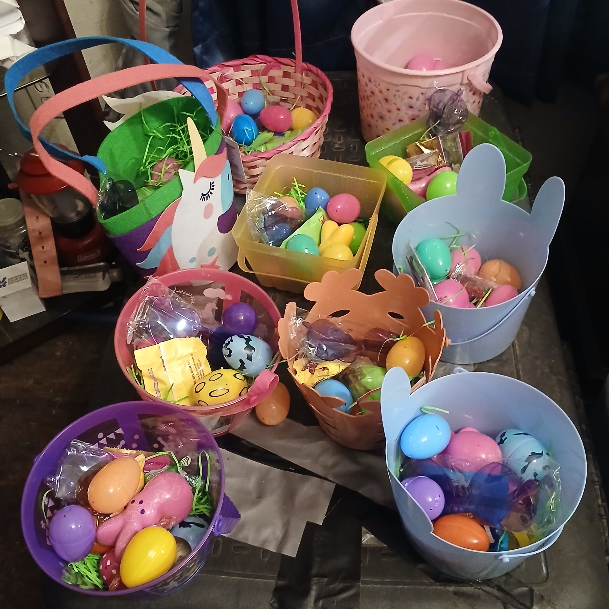 Colorful Easter baskets and eggs prepared for community Easter event